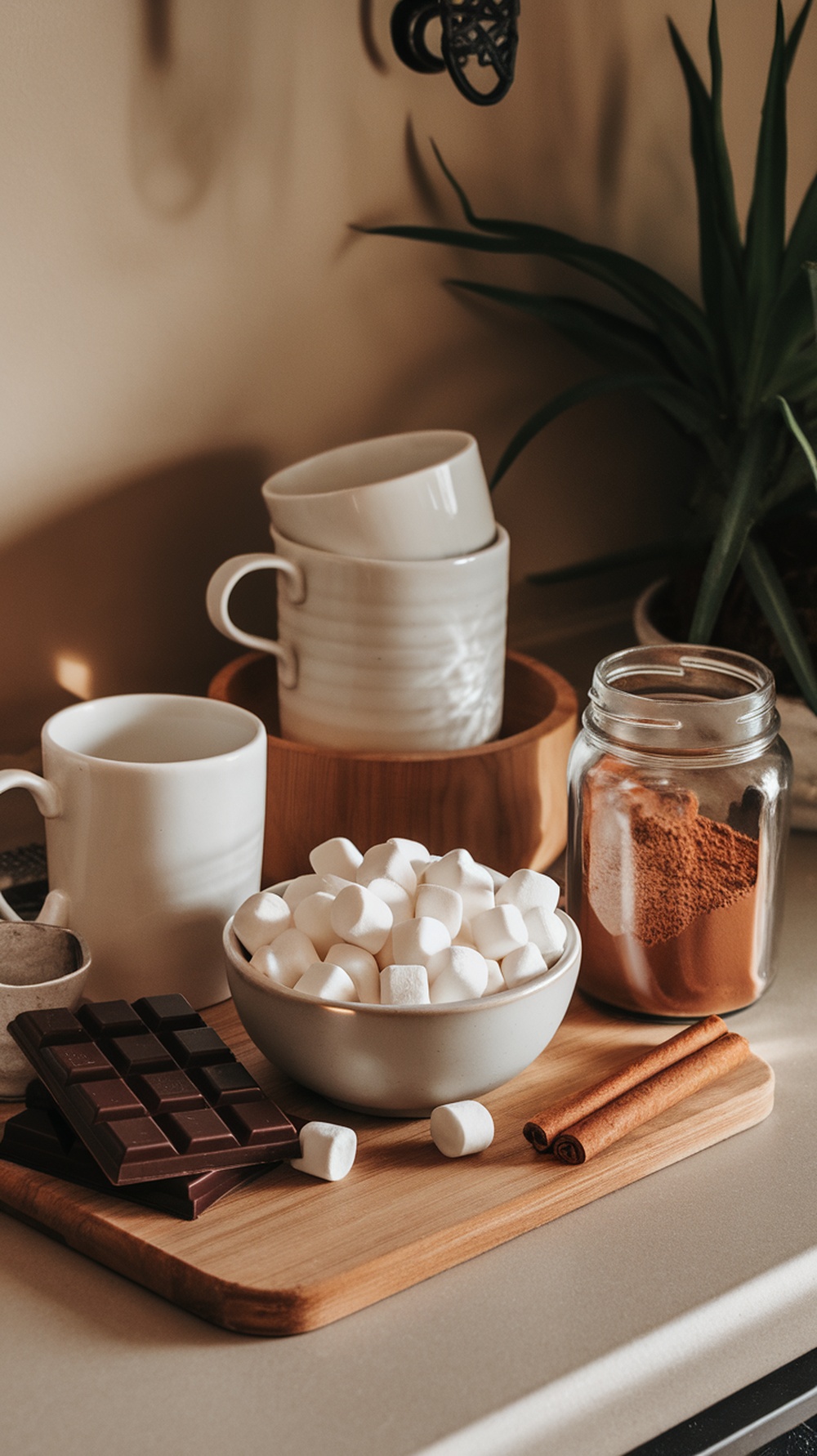 A cozy hot cocoa station with mugs, marshmallows, chocolate bars, cocoa powder, and cinnamon sticks.