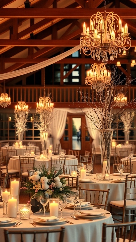 Cozy indoor wedding reception with elegant tables, candles, and chandeliers