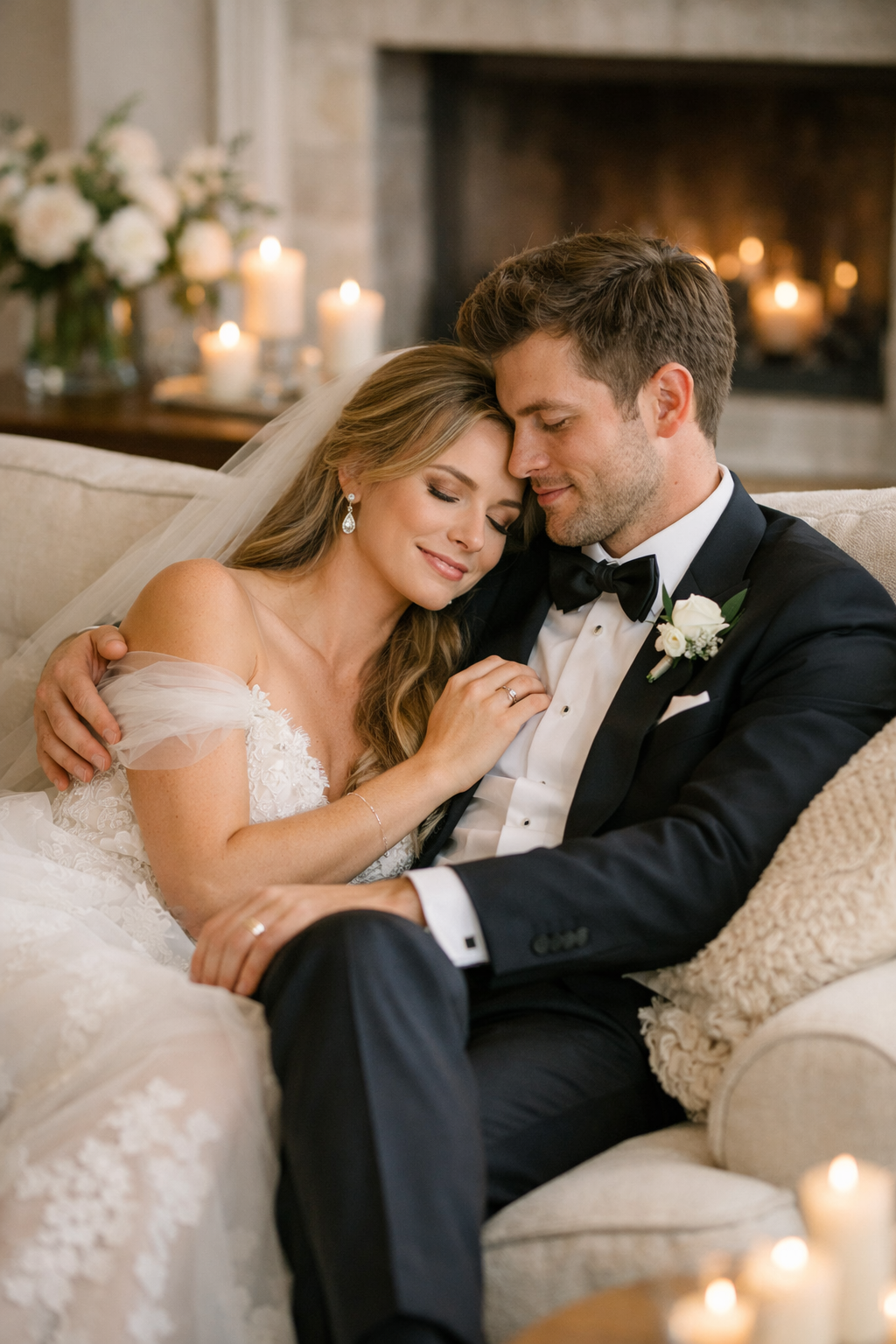 A couple in elegant attire sitting together on a couch in a cozy indoor setting, radiating love and warmth.
