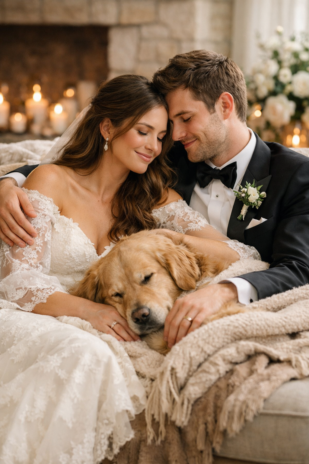 A couple cuddling on a couch with their dog, surrounded by warm lighting and cozy blankets.