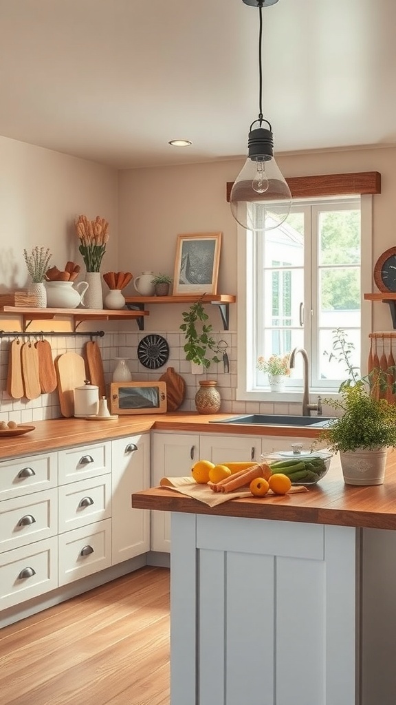 A cozy kitchen with wooden shelves, fresh produce on the counter, and soft lighting.