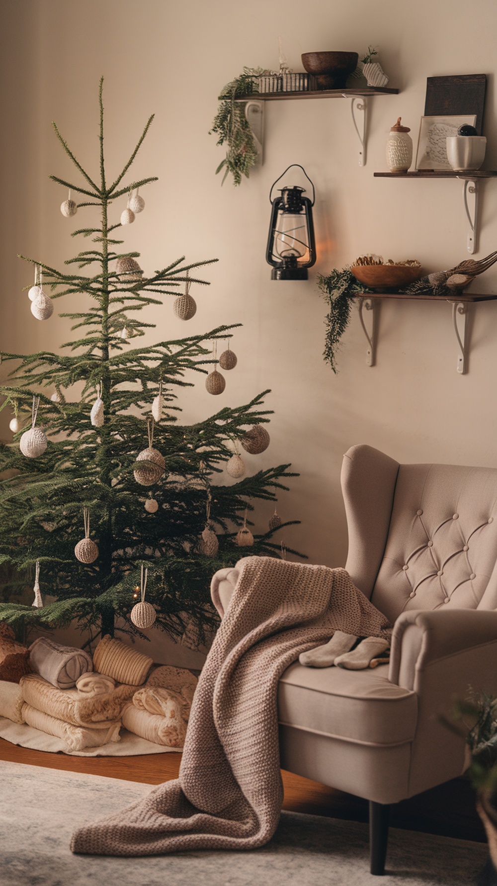 A cozy Christmas tree decorated with knitted ornaments, accompanied by a plush throw on a chair.