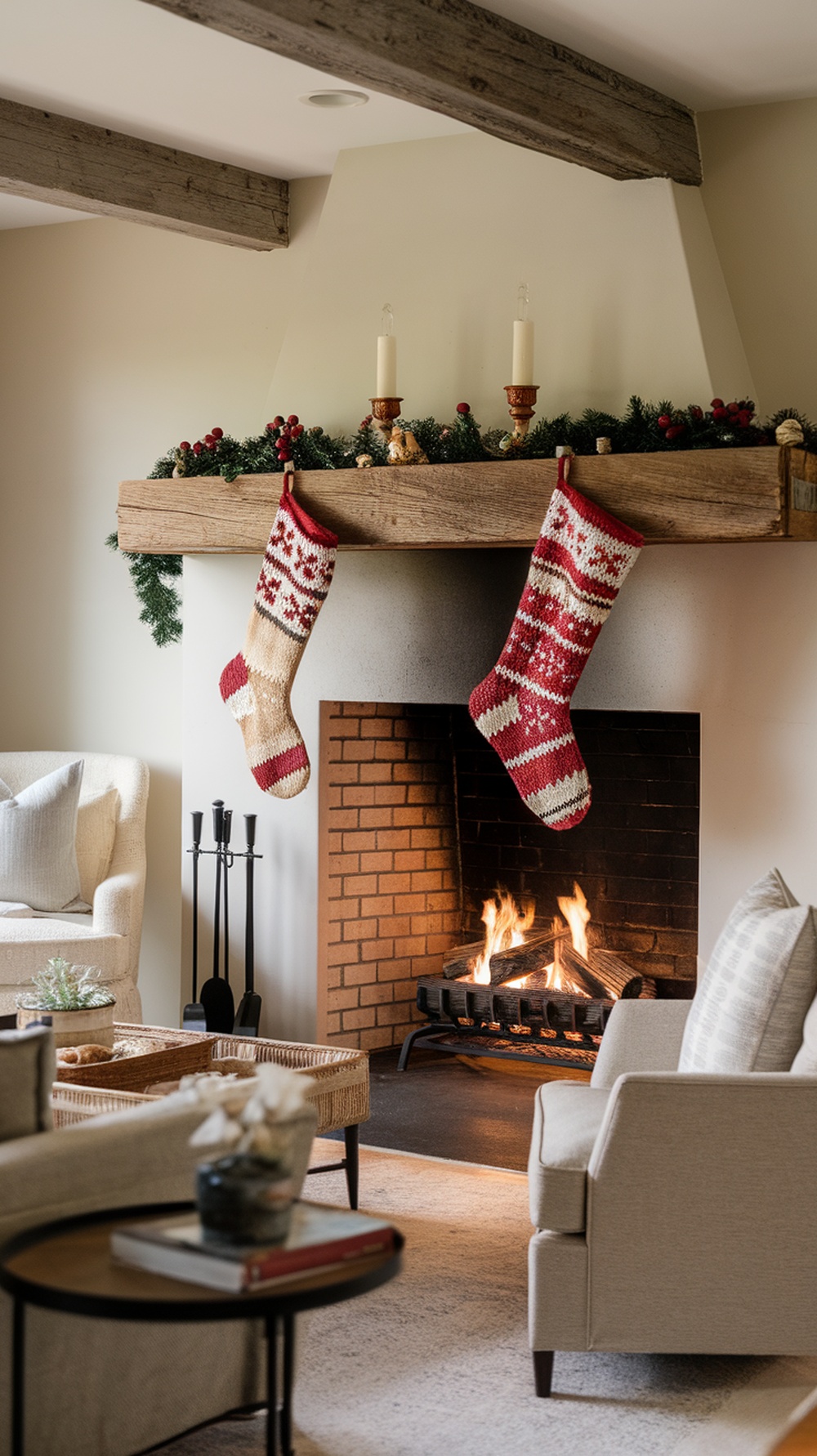 A cozy living room with knit stockings hanging over a fireplace, decorated with greenery and candles.