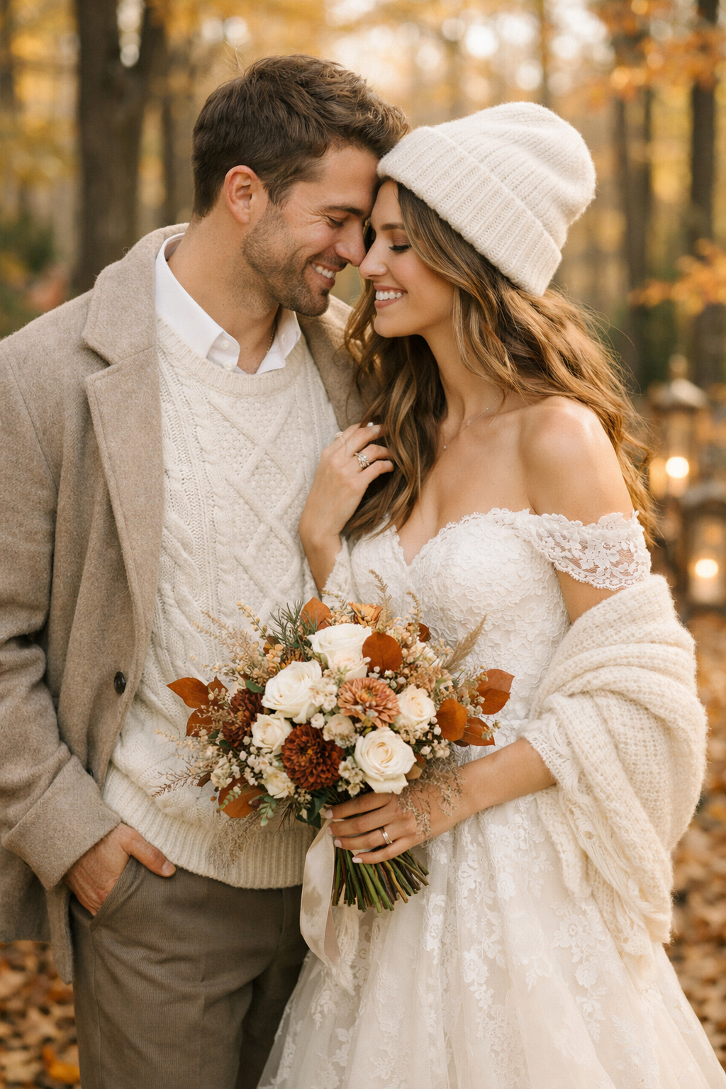Couple in fall engagement photos wearing cozy knit sweaters, surrounded by autumn foliage.