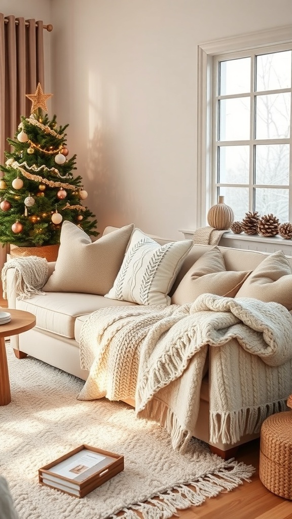 Cozy living room with a light couch, knit textiles, and a Christmas tree