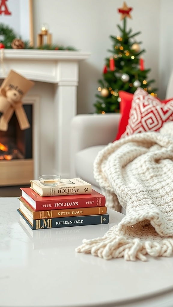 Cozy knit throw blanket displayed on a coffee table with festive books and holiday decor.