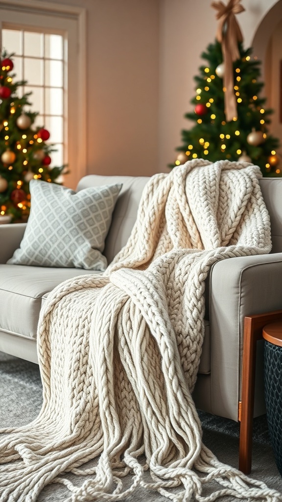 A cozy knit throw blanket draped over a light-colored couch, with Christmas trees in the background.