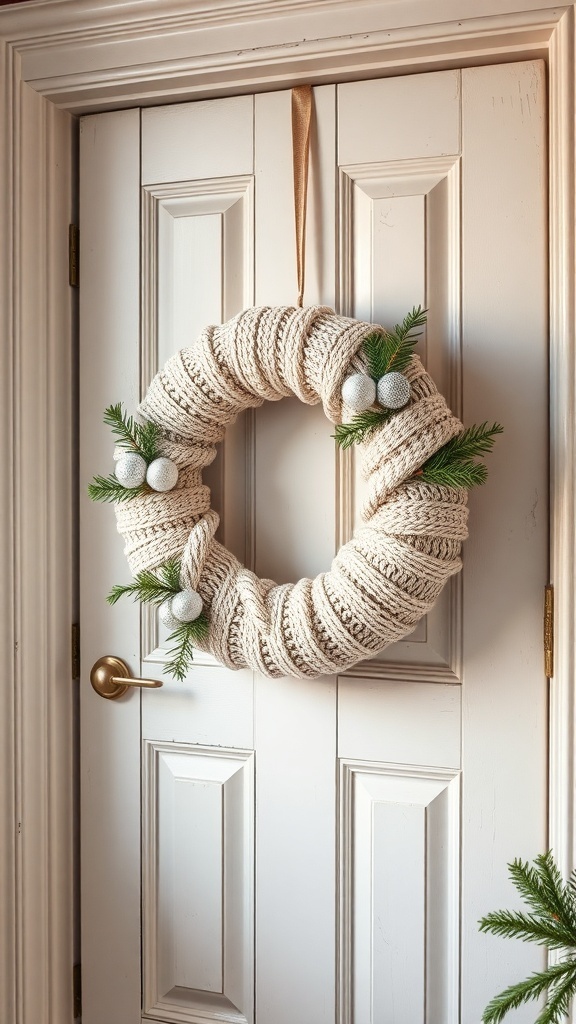 A cozy knitted winter wreath with silver ornaments and pine branches, hanging on a door.