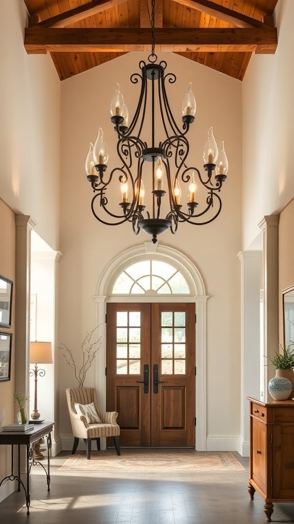 A rustic entryway featuring a beautiful chandelier and warm lighting.