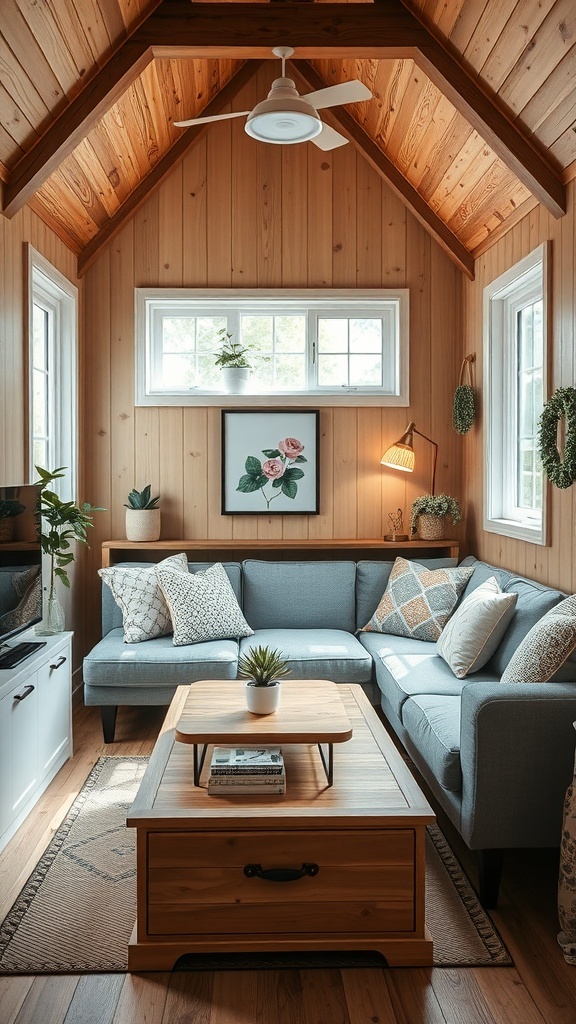 Cozy tiny cabin living room with sectional sofa, coffee table, and wooden walls