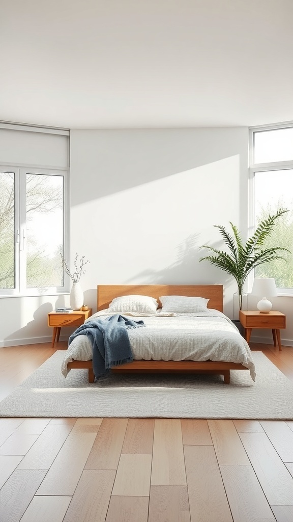 Cozy minimalist bedroom with light wood furniture, large windows, and a potted plant.