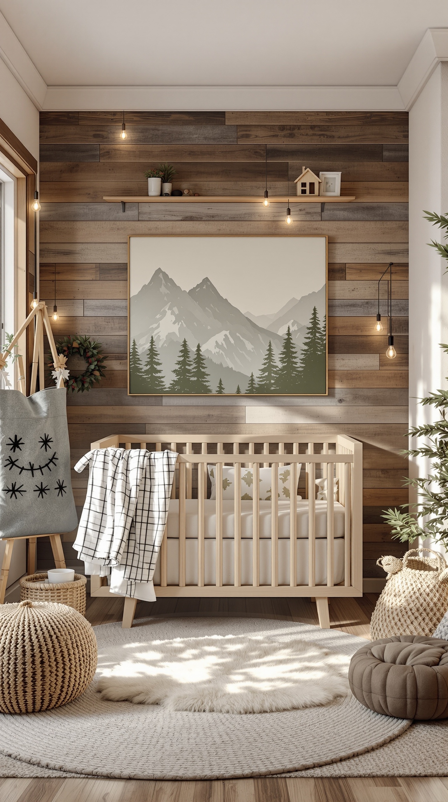 A cozy baby room designed with a mountain retreat theme, featuring wooden walls, a crib, and warm lighting.