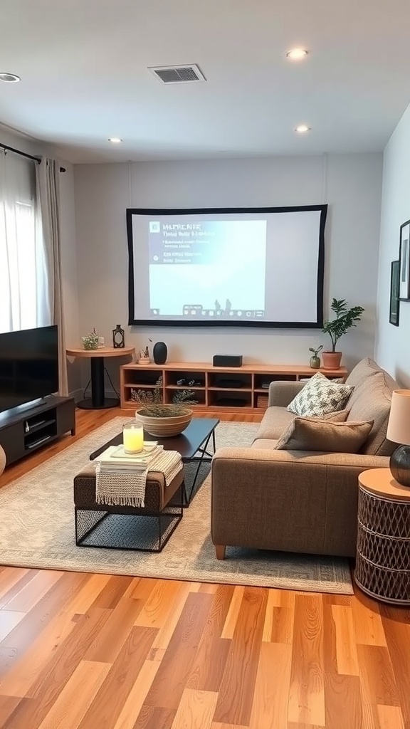 A cozy living room with a couch, coffee table, and a large screen for movies.