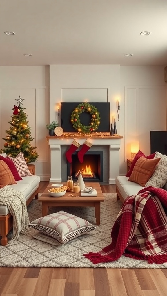 A cozy living room decorated for Christmas, featuring a fireplace, a Christmas tree, and a comfortable seating area.