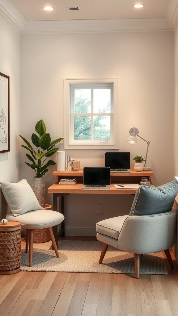 A cozy desk setup with a wooden desk, laptop, plants, and comfortable chairs in a well-lit corner.
