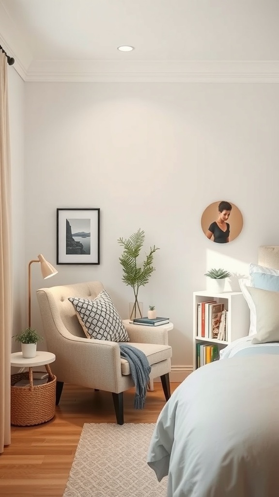 A cozy nook in a small teen bedroom featuring an armchair, side table, and bookshelf.
