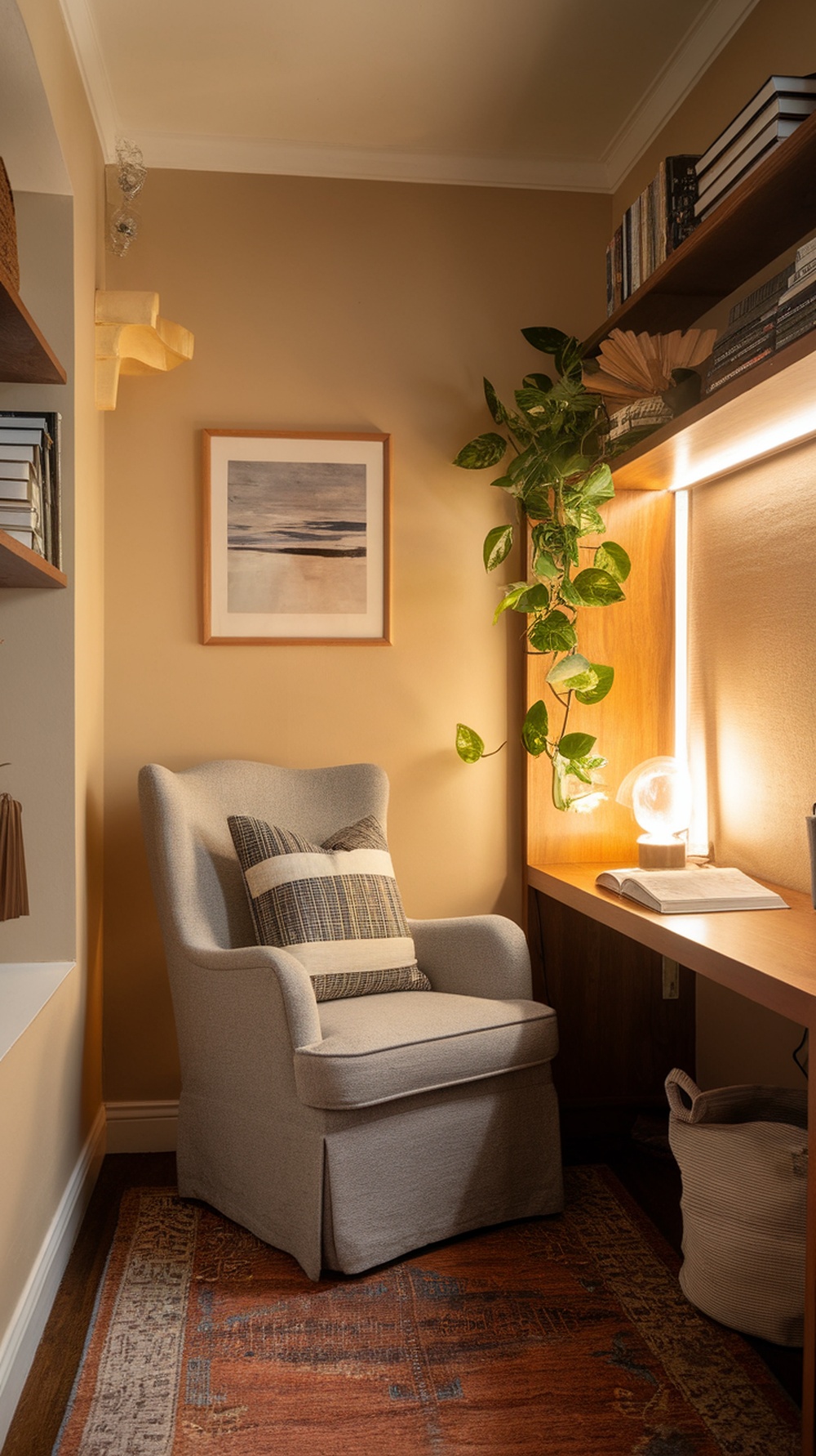 A cozy home office nook with a soft armchair, plants, and warm lighting.