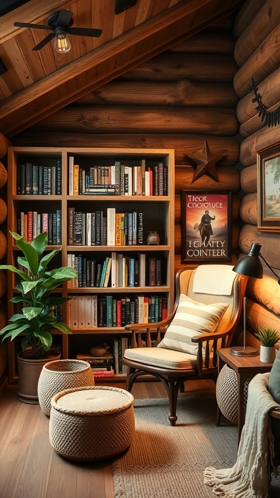 A cozy reading nook with a bookshelf, comfortable chair, and plants.