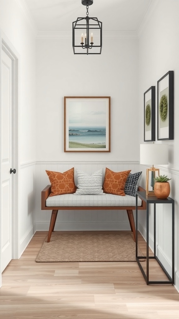 A cozy nook in a foyer featuring a bench with decorative pillows, a side table with a lamp, and wall art.