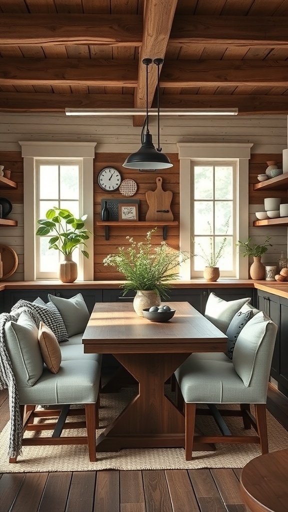A cozy kitchen nook with a wooden table and cushioned seating, surrounded by natural light and decorative shelves.