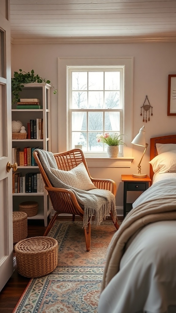 Cozy cottage bedroom with a reading nook featuring a chair, bookshelf, and window.