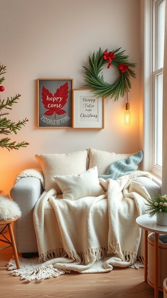 A cozy living room nook decorated for Christmas with a couch, pillows, a blanket, and festive wall art.