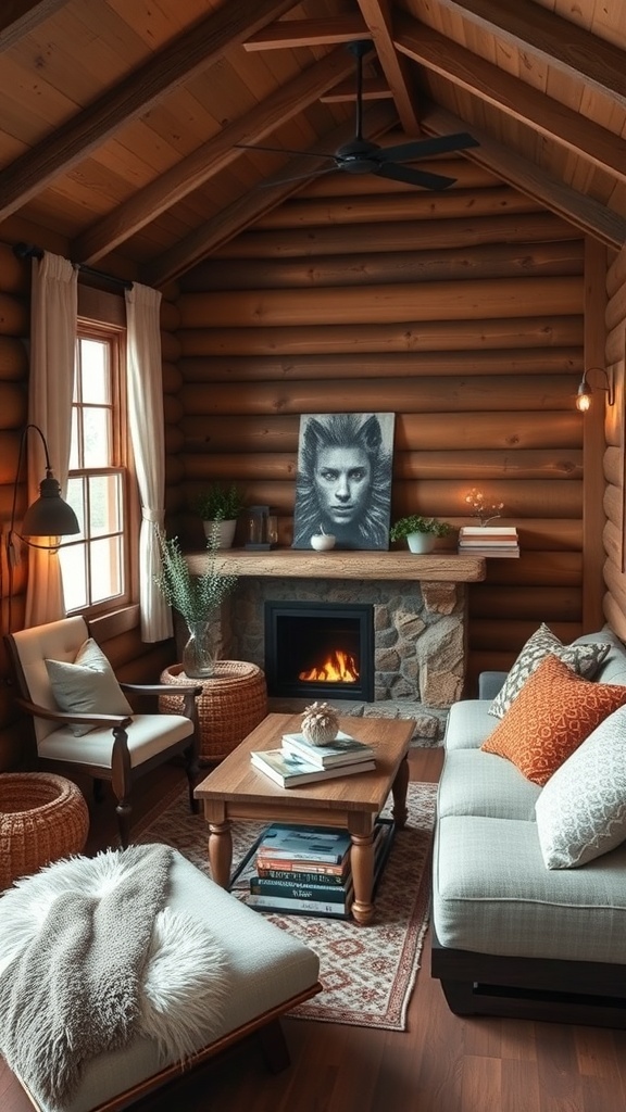 Cozy cabin interior with wooden walls, comfortable seating, a fireplace, and warm lighting.