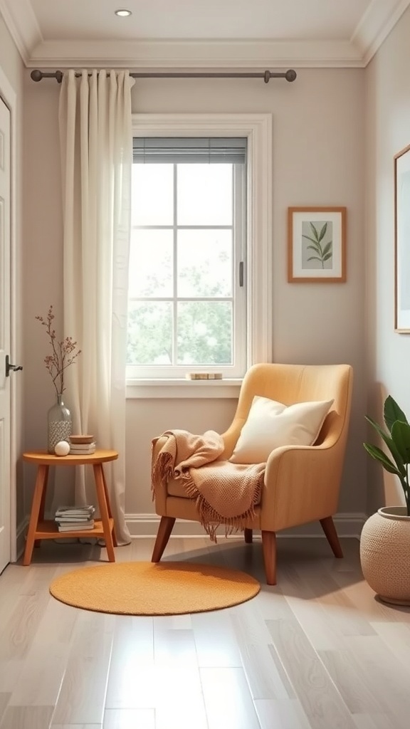 A cozy nook featuring a soft armchair, a side table with a book, and a plant, illuminated by natural light from a window.