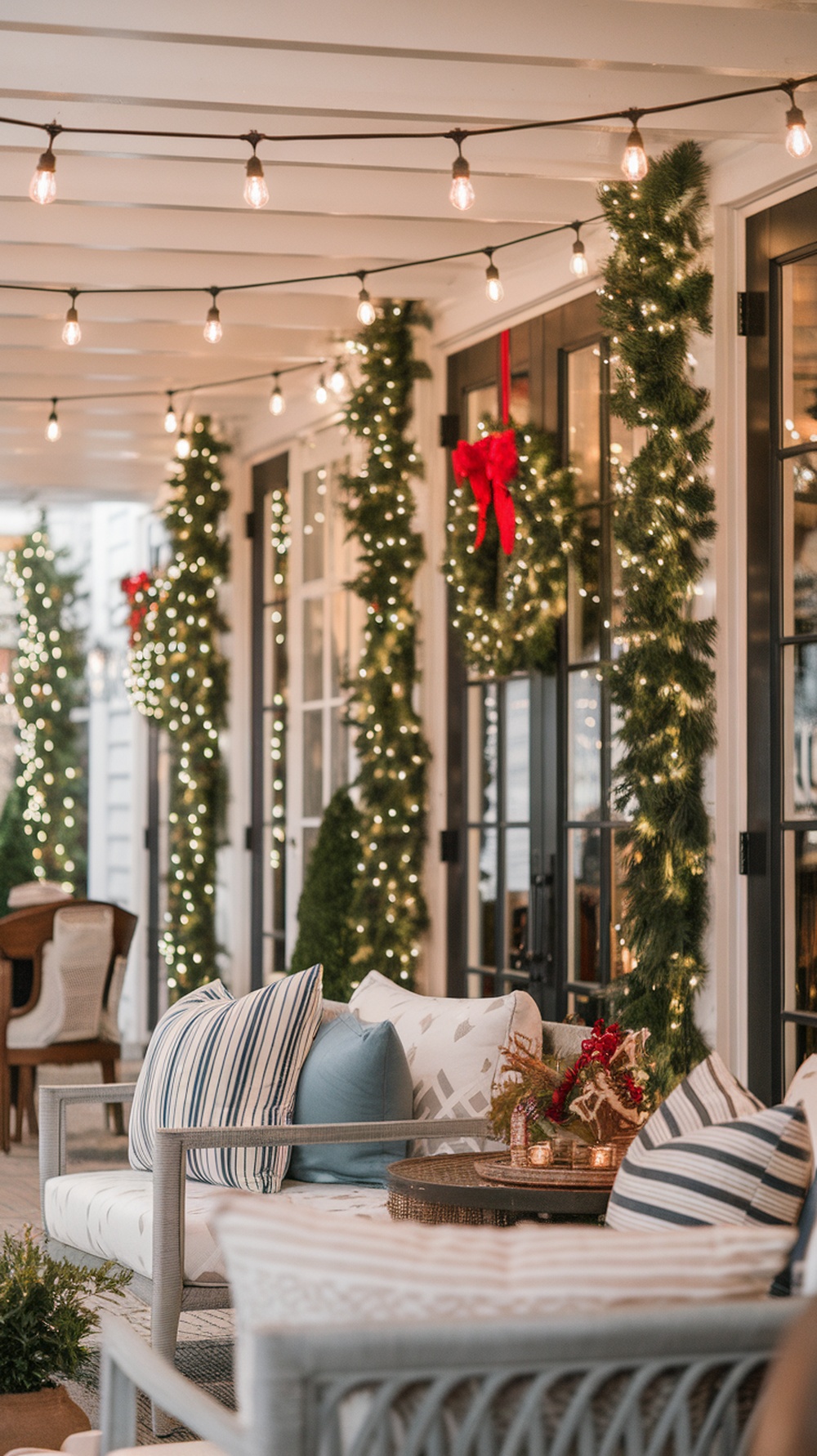 Cozy outdoor porch decorated for Christmas with string lights, wreaths, and comfortable seating.