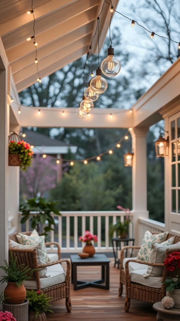 A cozy porch with string lights, wicker chairs, and potted plants.