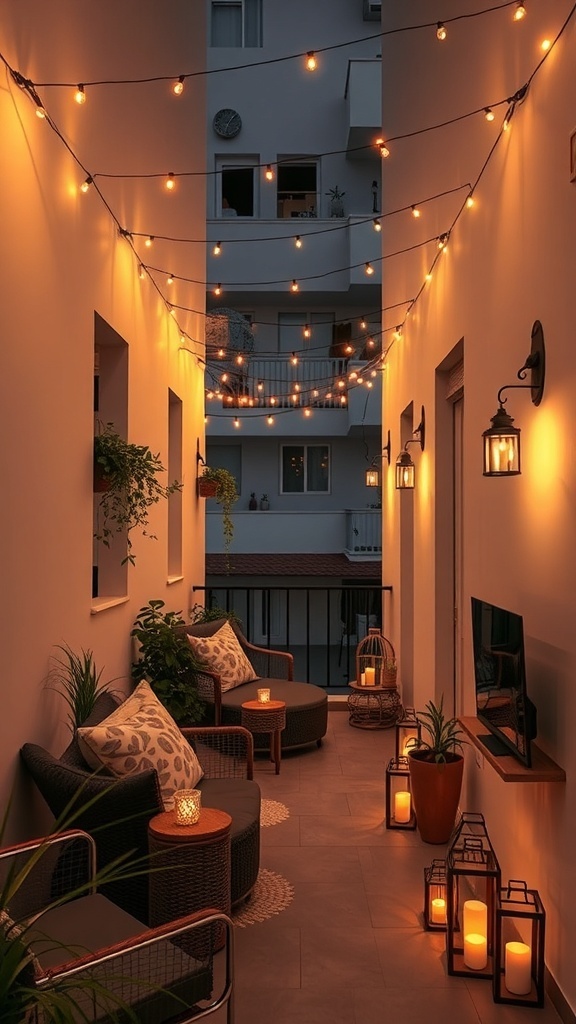A narrow balcony with warm string lights, lanterns, and cozy seating, creating a welcoming outdoor space.