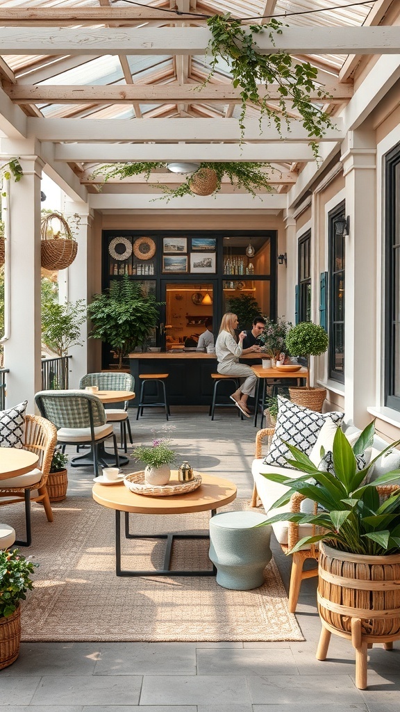 Cozy outdoor seating area in a cafe with plants and comfortable furniture.