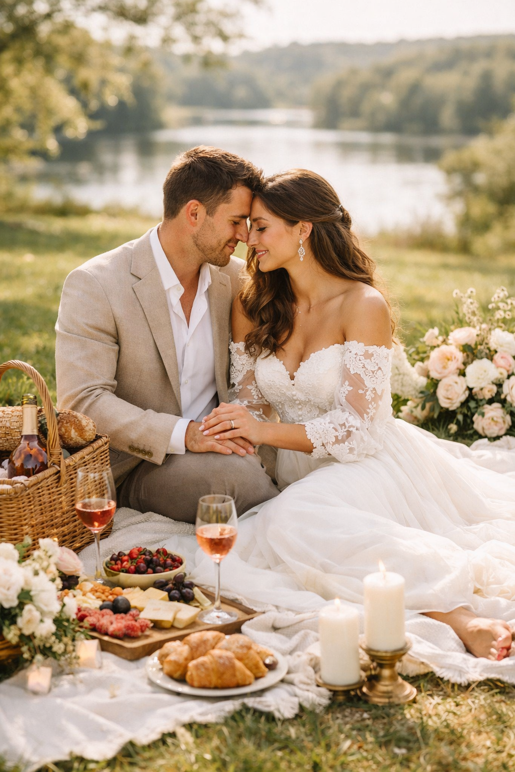 A couple enjoying a cozy picnic setup by the water, surrounded by food, flowers, and each other.