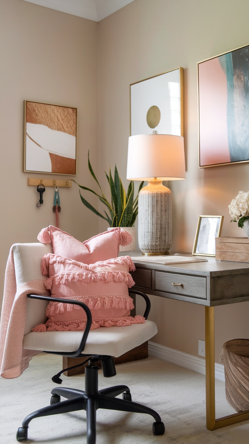 A cozy office space featuring pink throw pillows on a chair, with a desk and lamp in the background.