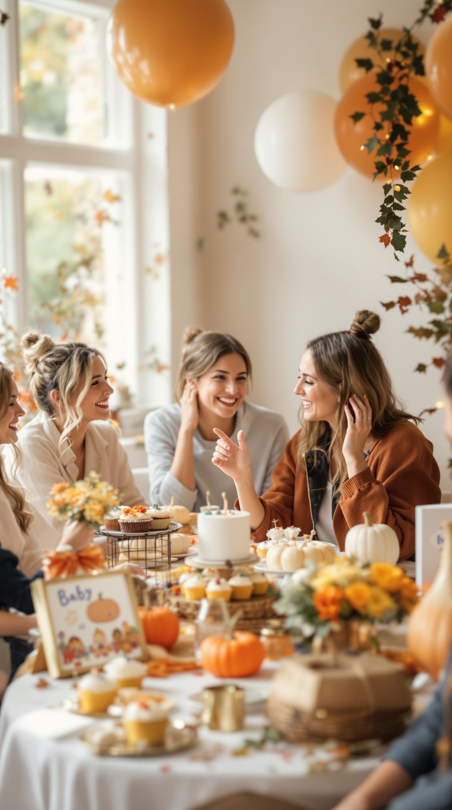 A cozy pumpkin-themed baby shower with decorations, balloons, and treats.