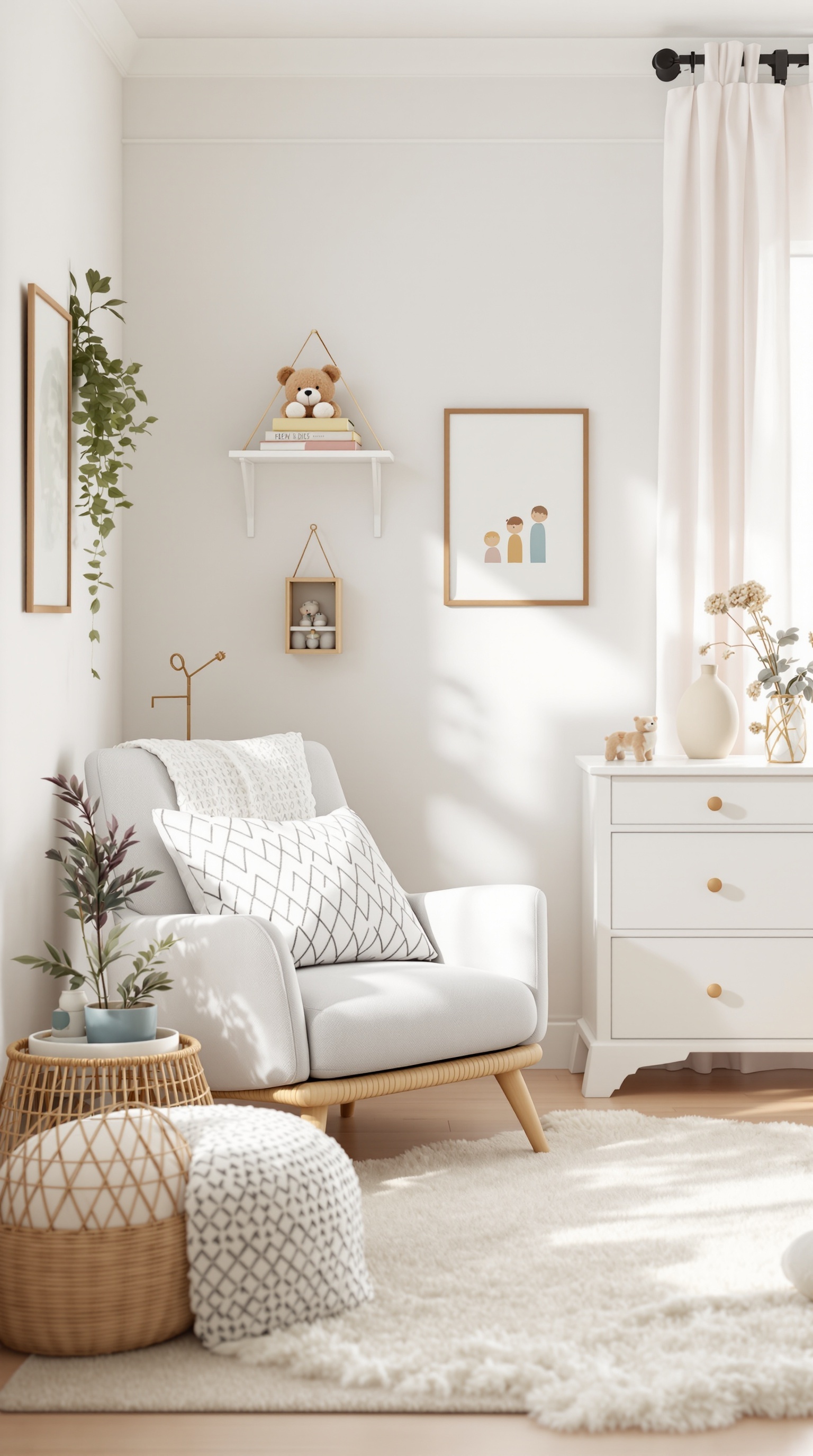 A cozy reading corner in a baby room featuring a soft chair, decorative pillows, and a small table with plants.