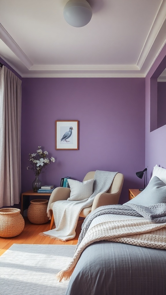 Cozy reading nook in a purple bedroom with an armchair, blanket, and books.