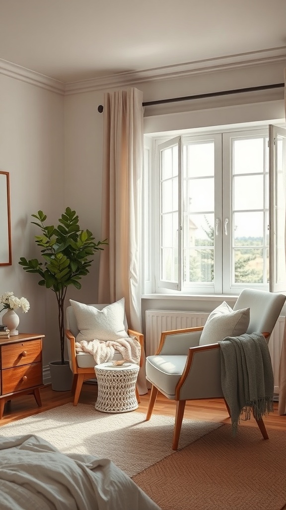 A cozy reading nook with two chairs, a small table, and a plant by the window.