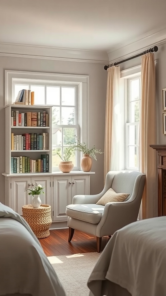 Cozy reading nook with an armchair and bookshelf by a window in a vintage farmhouse bedroom.