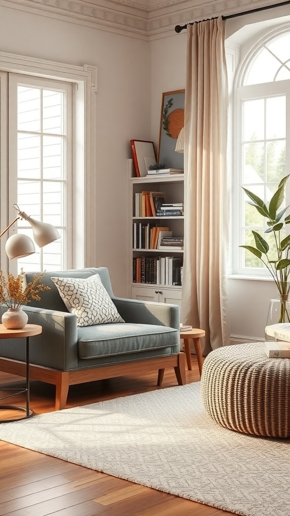 A cozy reading nook featuring a comfortable armchair, side table with flowers, and bookshelves in a warm living room.