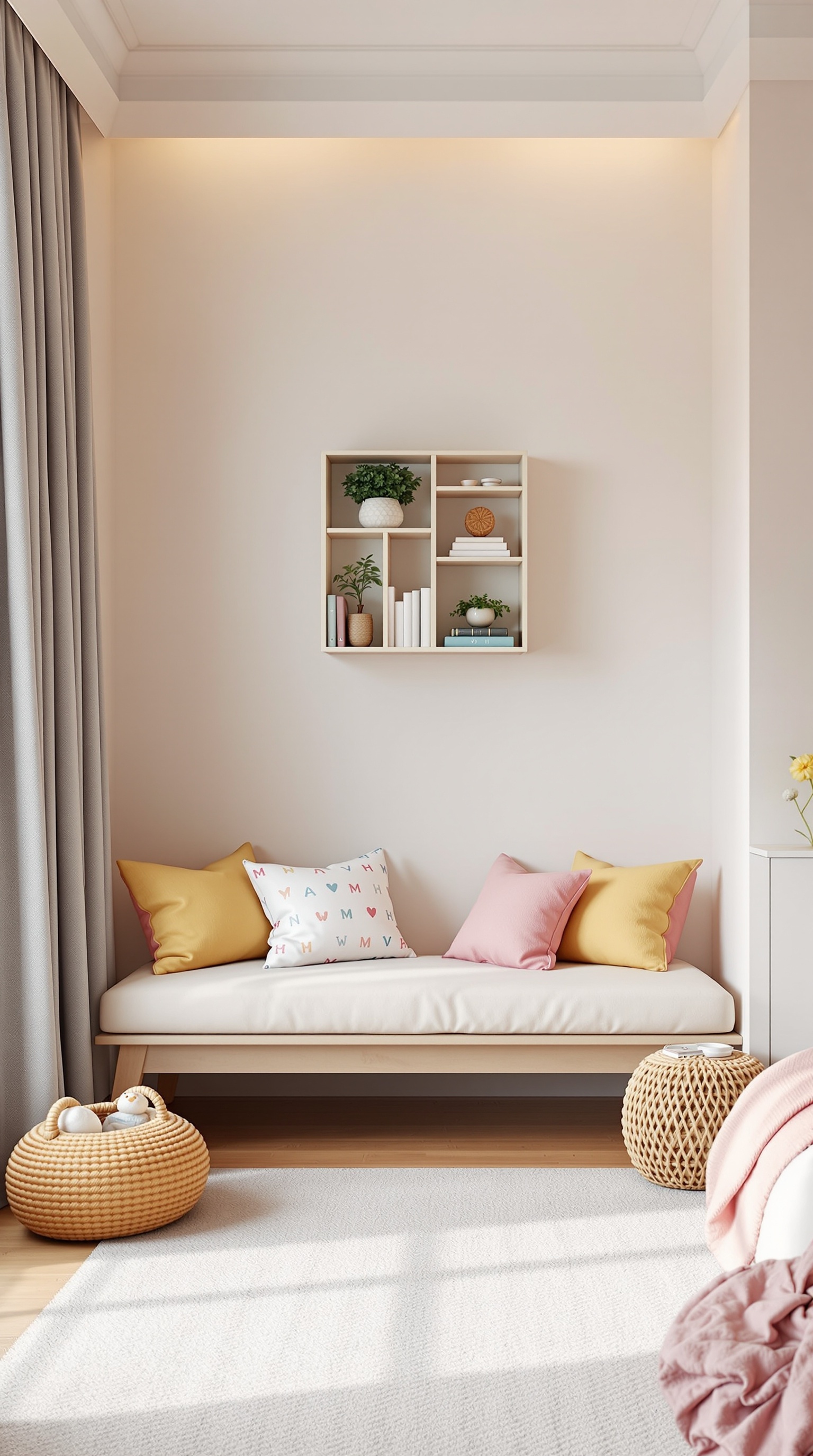 Cozy reading nook with a soft bench, colorful cushions, and a shelf with plants and books.