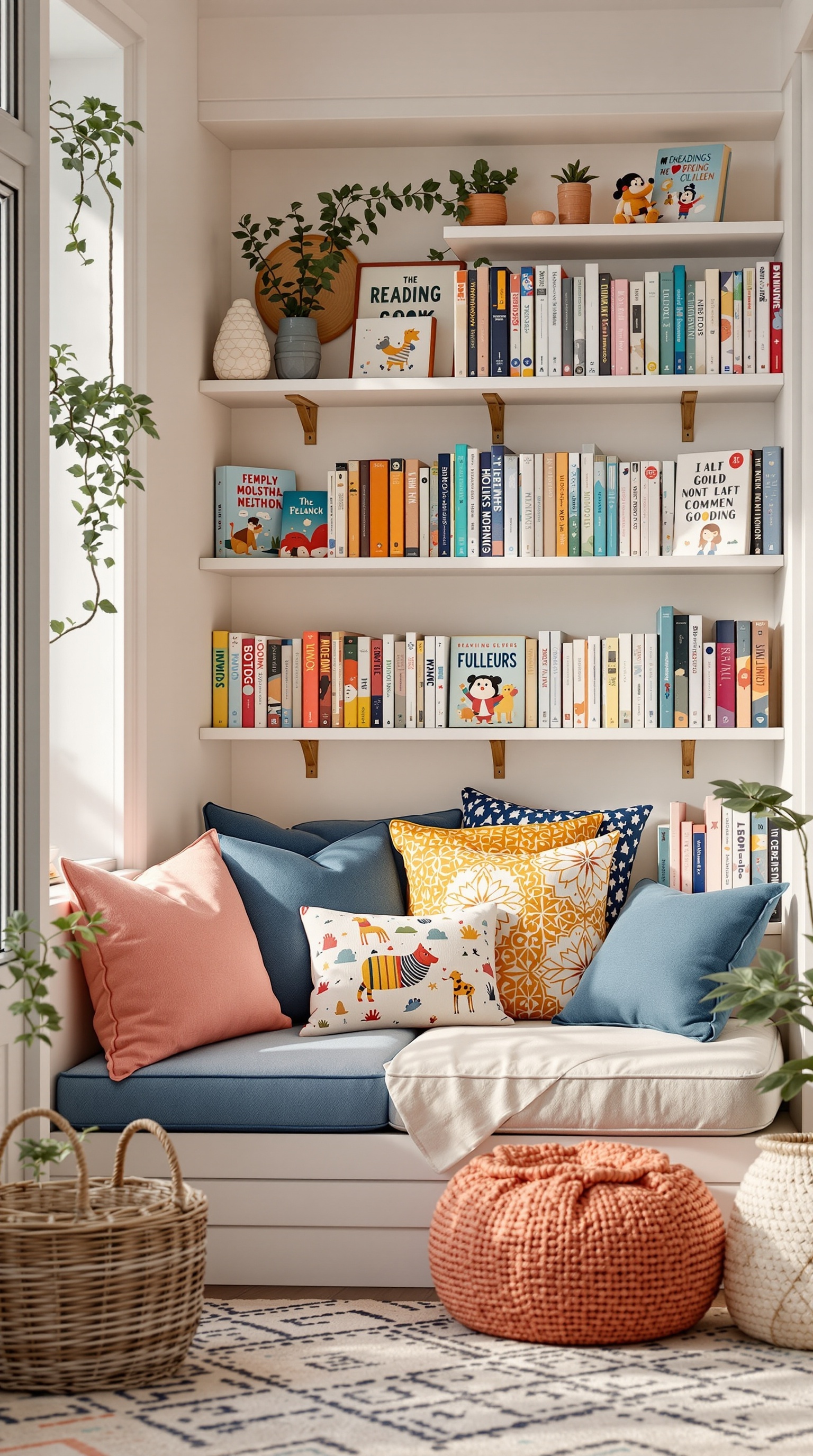 Cozy reading nook with colorful cushions, bookshelves filled with books, and plants.