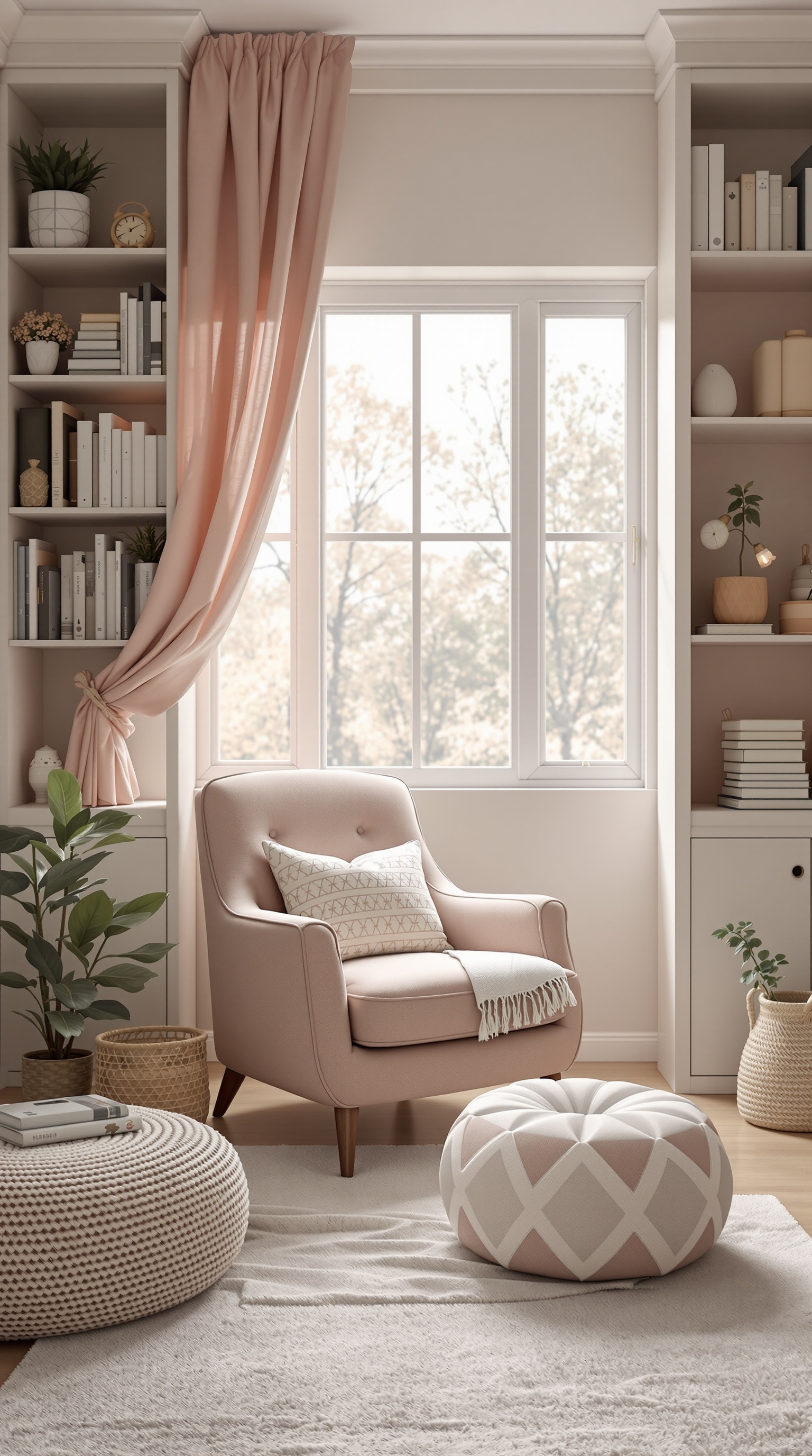 Cozy reading nook with a pink chair, soft cushions, and bookshelves.