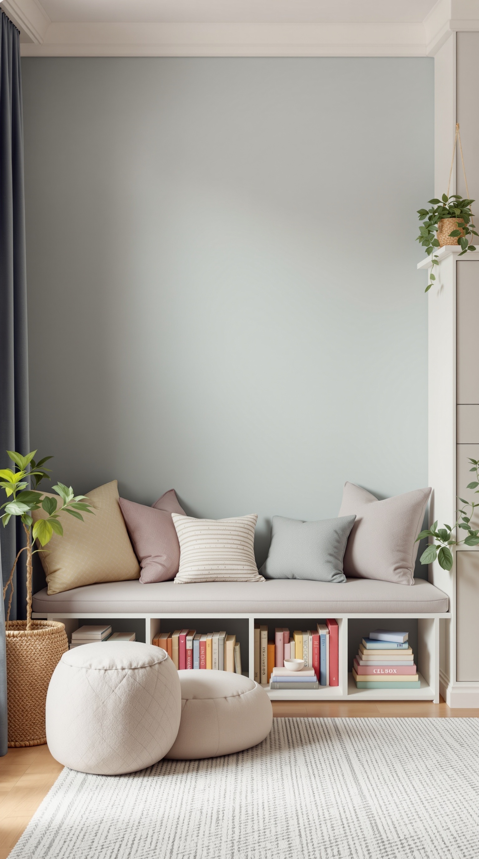 A cozy reading nook with a cushioned bench, colorful pillows, and bookshelves filled with children's books.