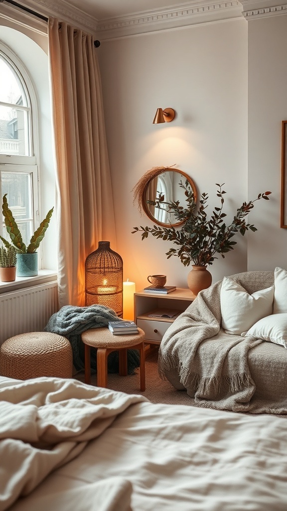 A cozy reading nook in a bedroom with a comfortable chair, warm lighting, and plants.