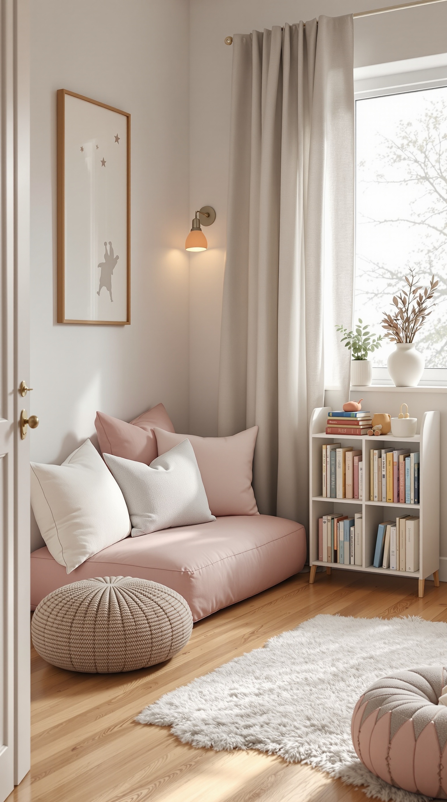 Cozy reading nook with pink cushions, a small bookshelf, and natural light