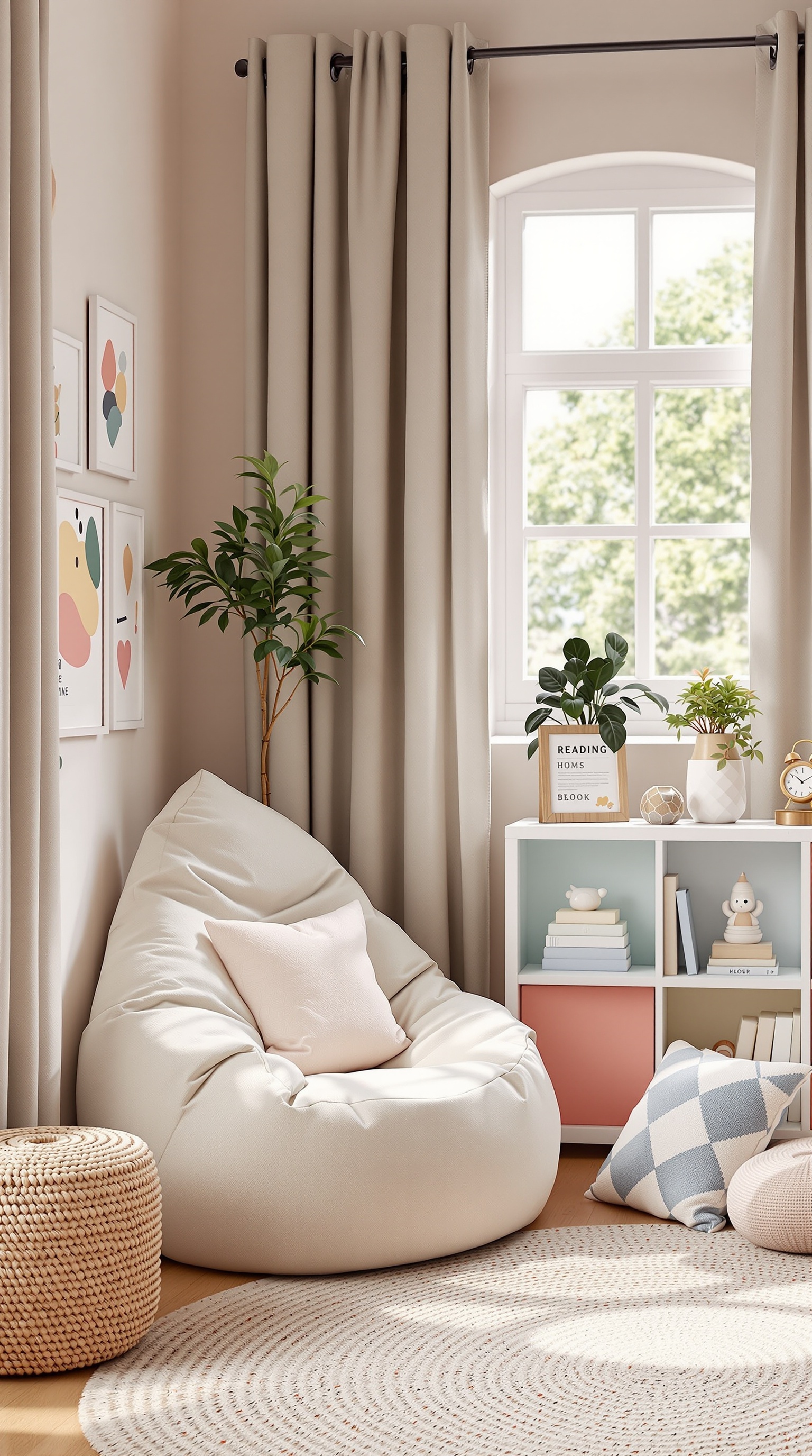 Cozy reading nook in a small kids' room with a bean bag chair, bookshelf, and natural light.