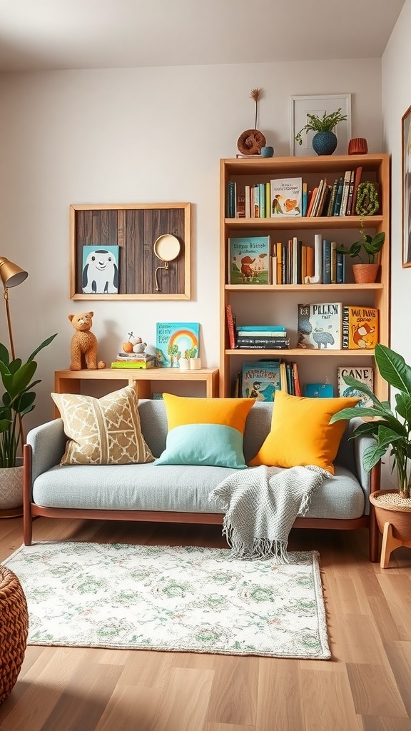 A cozy reading nook featuring a comfortable sofa with colorful cushions, a bookshelf filled with books, and playful decor.