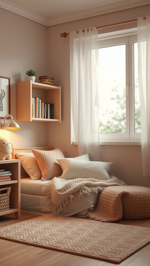 Cozy reading nook in a child's bedroom with cushions, blankets, and a small bookshelf.