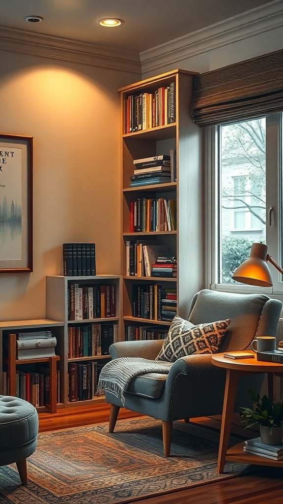 A cozy reading nook featuring a comfortable chair, a bookshelf filled with books, and warm lighting.